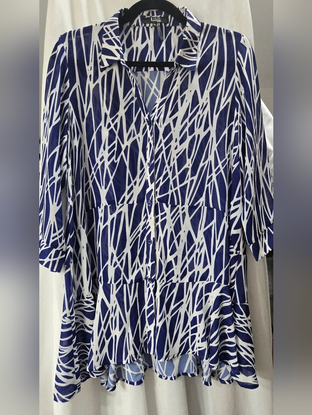 LIOR PARIS Navy & White Abstract Button Front Blouse